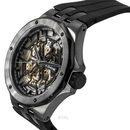 Edox Delfin The Original Mecano Rubber Strap Skeleton Black Dial Automatic Diver's 85303 357GN NGN 200M Men's Watch