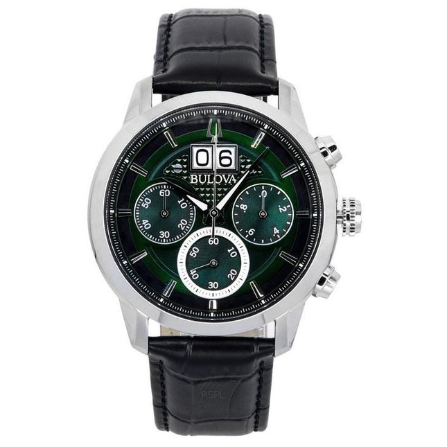 Bulova Sutton Classic Chronograph Leather Strap Green Dial Quartz 96B310 Mens Watch