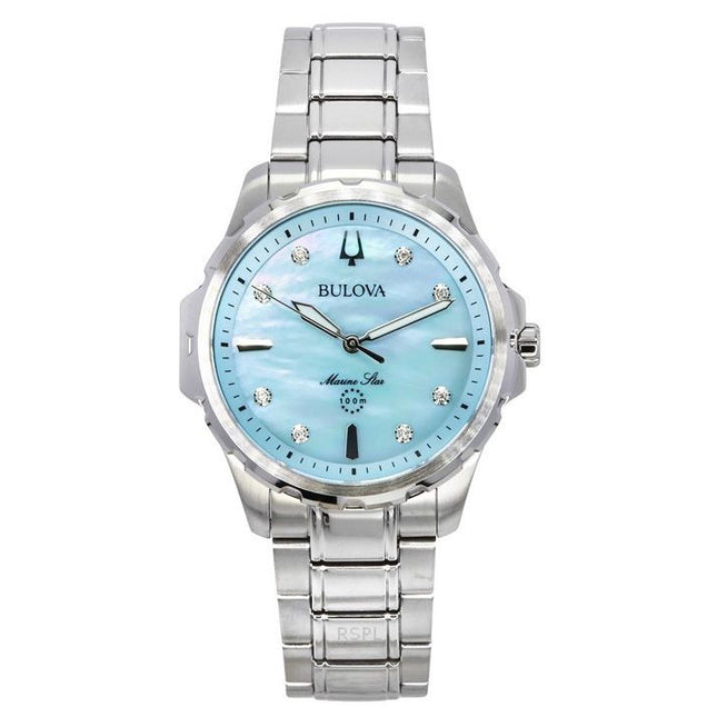 Bulova Marine Star Diamond Accents Stainless Steel Blue Mother Of Pearl Dial Quartz 96P248 100 Women's Watch