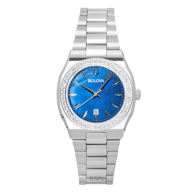 Bulova Surveyor Stainless Steel Diamond Accents Blue Mother Of Pearl Dial Quartz 96R246 Women's Watch