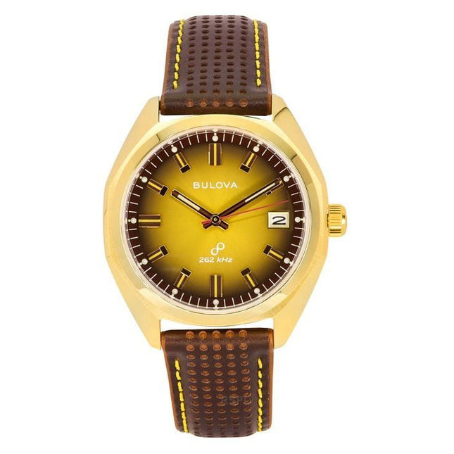 Bulova Jet Star Leather Strap Gold Tone Dial Quartz 97B214 Men's Watch