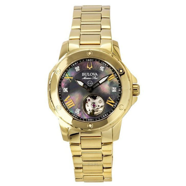 Bulova Marine Star Gold Tone Stainless Steel Black Mother Of Pearl Dial Automatic 97P171 100M Women's Watch