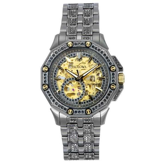 Bulova Octava Crystal Accents Stainless Steel Skeleton Gold Dial Automatic 98A293 Mens Watch