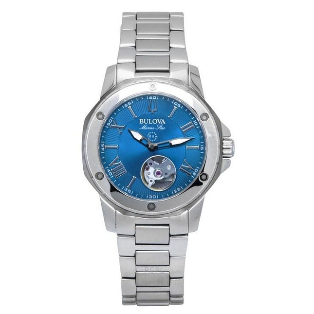 Bulova Marine Star Stainless Steel Open Heart Blue Dial Automatic 98L317 100M Womens Watch