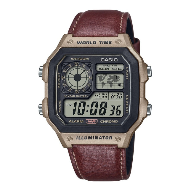 Casio Standard Digital World Time Leather Strap Quartz AE-1200WHL-5AV 100M Men's Watch