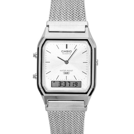 Casio Vintage Analog Digital Stainless Steel Mesh Bracelet Silver Dial Quartz AQ-230EM-7A Unisex Watch