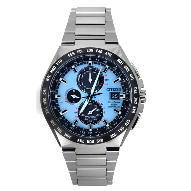 Citizen Eco-Drive Radio Controlled GMT Chronograph Super Titanium Light Blue Dial AT8238-84M 100M Men's Watch