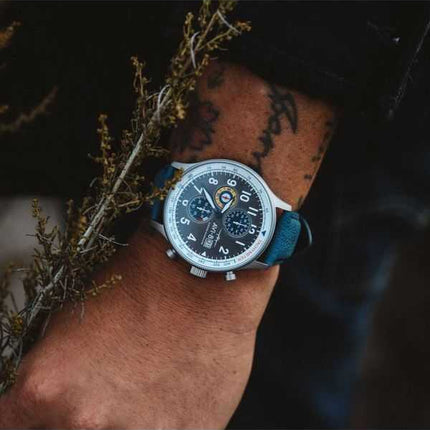 AVI-8 Hawker Hurricane Classic Chronograph Pennant Blue Leather Strap Grey Dial Quartz AV-4011-0F Men's Watch