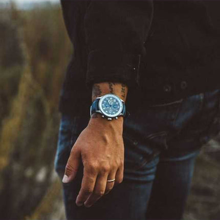 AVI-8 Hawker Hurricane Classic Chronograph Pennant Blue Leather Strap Grey Dial Quartz AV-4011-0F Men's Watch