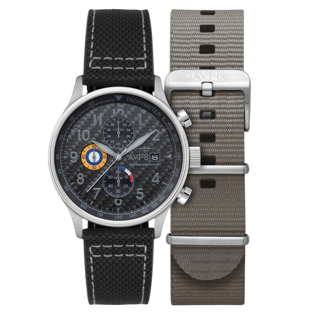 AVI-8 Hawker Hurricane Classic Chronograph Carbon Fiber Black Dial Quartz AV-4011-0W Men's Watch With Extra Strap