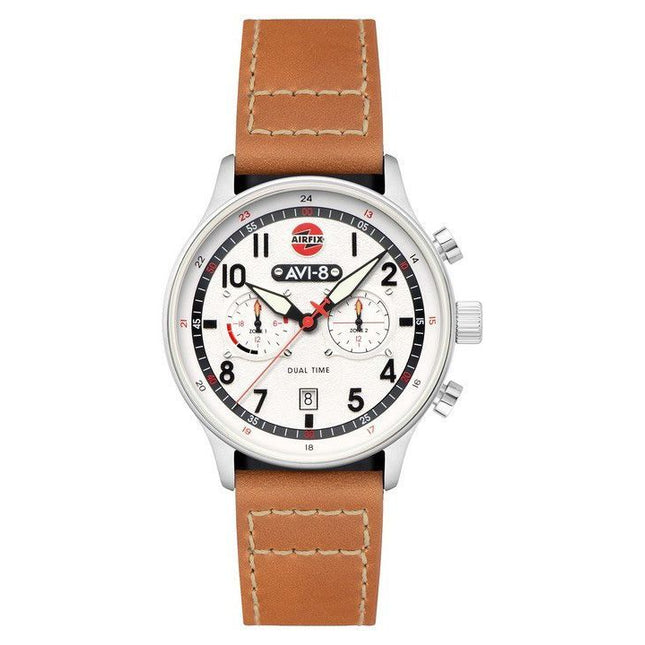 AVI-8 Hawker Hurricane Carey Dual Time Airfix Edition Silver Leather Strap White Dial Quartz AV-4088-06 Men's Watch