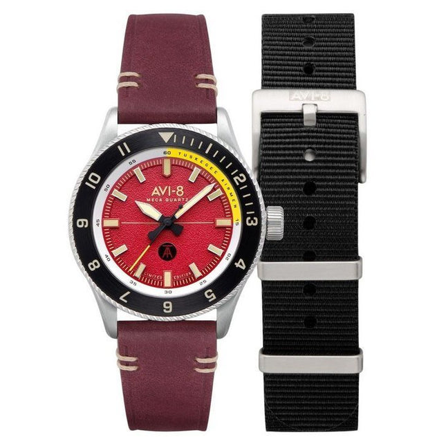 AVI-8 Flyboy Tuskegee Airmen Limited Edition Ramitelli Red Dial Quartz AV-4103-04 Mens Watch With Extra Strap