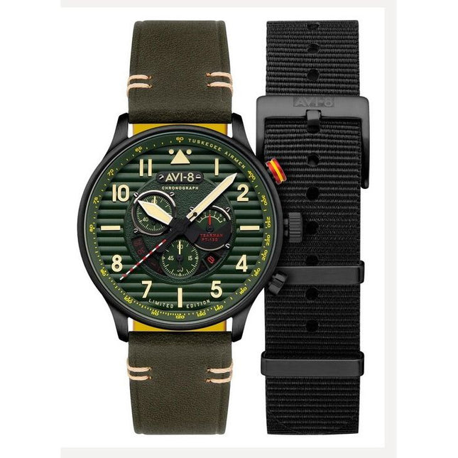 AVI-8 Flyboy Spirit Of Tuskegee Chronograph Limited Edition Roberts Green Dial Quartz AV-4109-04 Mens Watch With Extra Strap