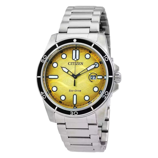 Citizen Marine Stainless Steel Yellow Dial Eco-Drive AW1816-89X 100M Mens Watch
