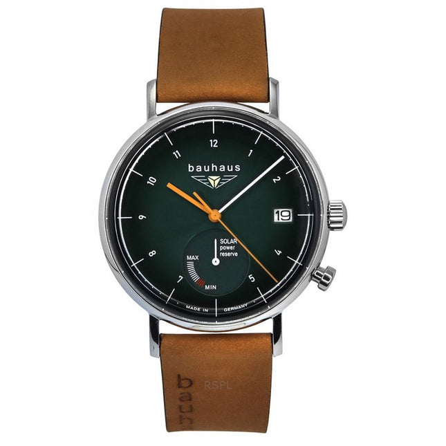 Bauhaus Classic Brown Leather Strap Dark Green Dial Solar 21124 Men's Watch