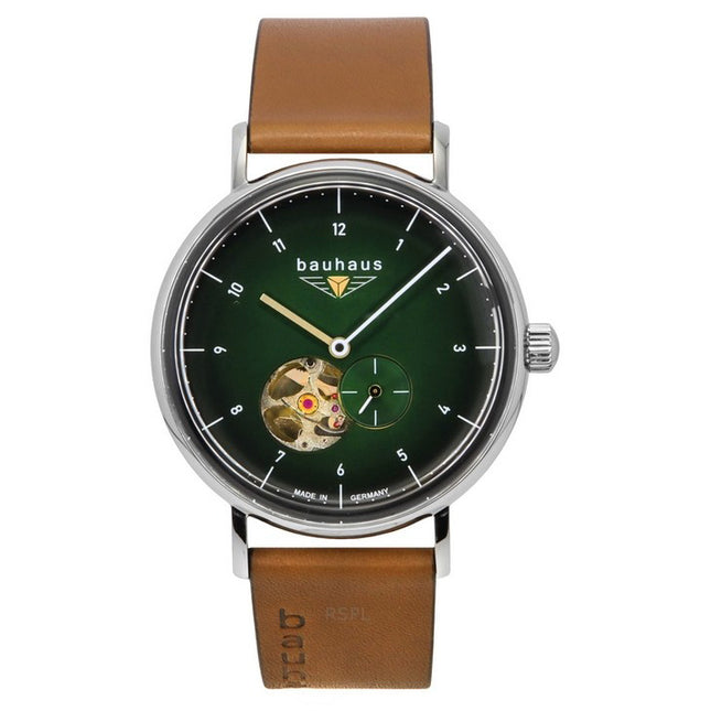 Bauhaus Classic Leather Strap Dark Green Open Heart Dial Automatic 21664 Men's Watch