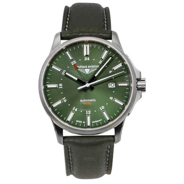 Bauhaus Aviation GMT Green Leather Strap Dark Green Dial Automatic 28684 100M Men's Watch