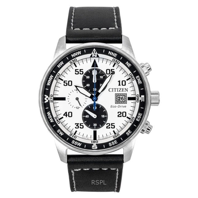 Citizen Eco-Drive Aviator Chronograph Leather Strap White Dial CA0880-07A 100M Men's Watch