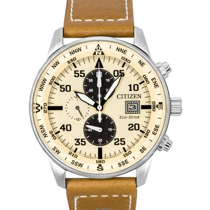 Citizen Eco-Drive Aviator Chronograph Leather Strap Beige Dial CA0880-15X 100M Men's Watch