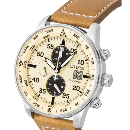 Citizen Eco-Drive Aviator Chronograph Leather Strap Beige Dial CA0880-15X 100M Men's Watch