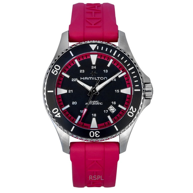 Hamilton Khaki Navy Scuba Pink Rubber Strap Black Dial Automatic H82395330 100M Unisex Watch