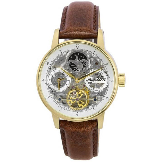 Ingersoll The Jazz Moon Phase Leather Strap Skeleton Gold Dial Automatic I07704 Mens Watch