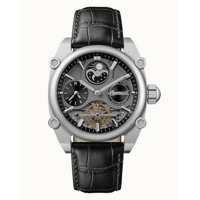 Ingersoll The Varsity Sun And Moon Phase Leather Strap Skeleton Grey Dial Automatic I15402 Men's Watch