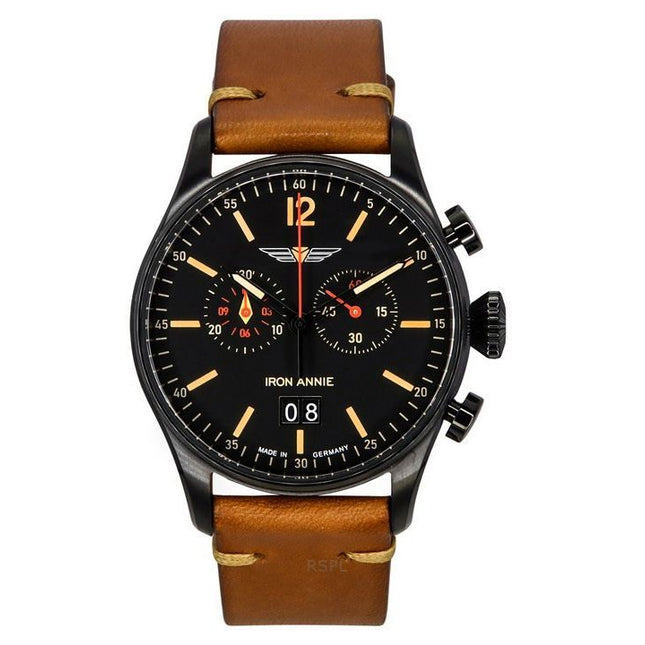 Iron Annie Flight Control Chronograph Leather Strap Black Dial Swiss Quartz 51842 Men's Watch