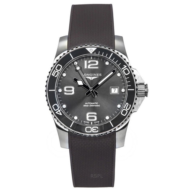 Longines Hydroconquest Rubber Strap Sunray Grey Dial Automatic Diver's L3.781.4.76.9 300M Men's Watch