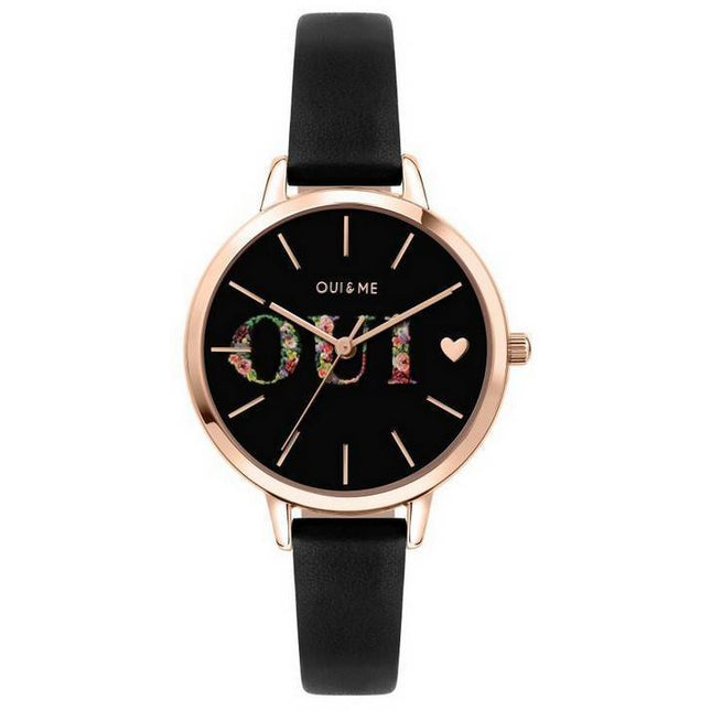 Oui & Me Fleurette Black Dial Leather Strap Quartz ME010079 Women's Watch