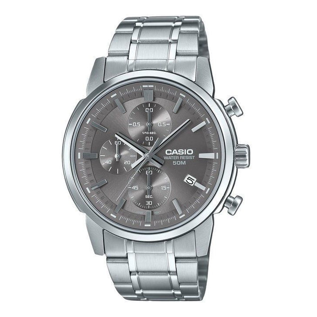 Casio Standard Analog Chronograph Stainless Steel Grey Dial Quartz MTP-E510D-8AV Men's Watch