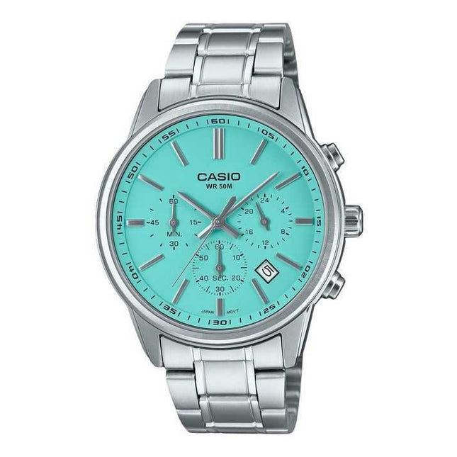 Casio Standard Analog Chronograph Stainless Steel Turquoise Dial Quartz MTP-E515D-2A2V Men's Watch