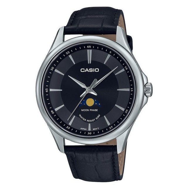 Casio Standard Analog Moon Phase Leather Strap Black Dial Quartz MTP-M100L-1A Mens Watch