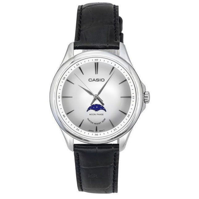 Casio Standard Analog Moon Phase Leather Strap Silver Dial Quartz MTP-M100L-7A Men's Watch