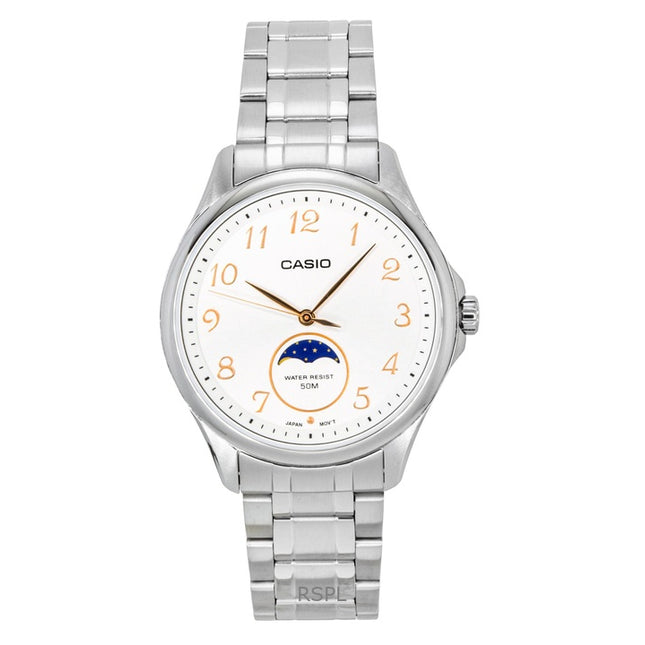 Casio Standard Analog Moon Phase Stainless Steel White Dial Quartz MTP-M110D-7AV Men's Watch