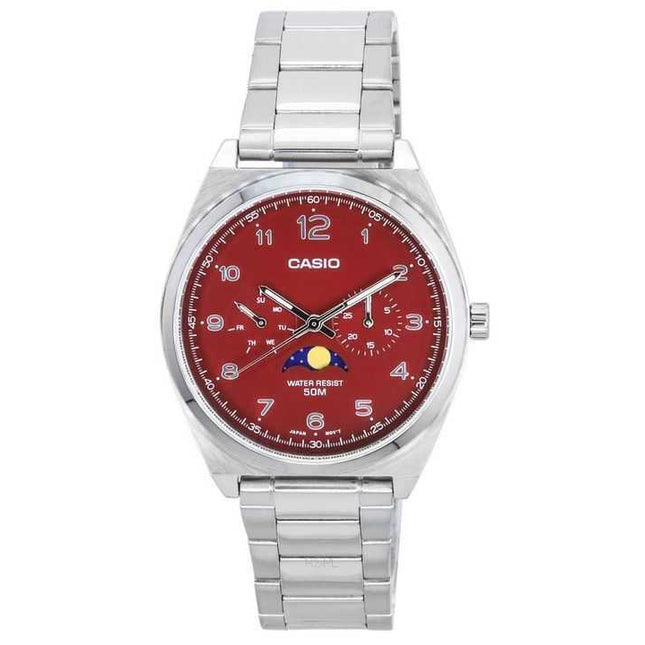 Casio Standard Analog Stainless Steel Moon Phase Red Dial Quartz MTP-M300D-4A  Mens Watch
