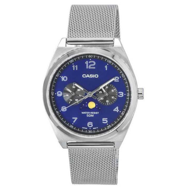 Casio Standard Analog Stainless Steel Mesh Bracelet Moon Phase Blue Dial Quartz MTP-M300M-2A Mens Watch