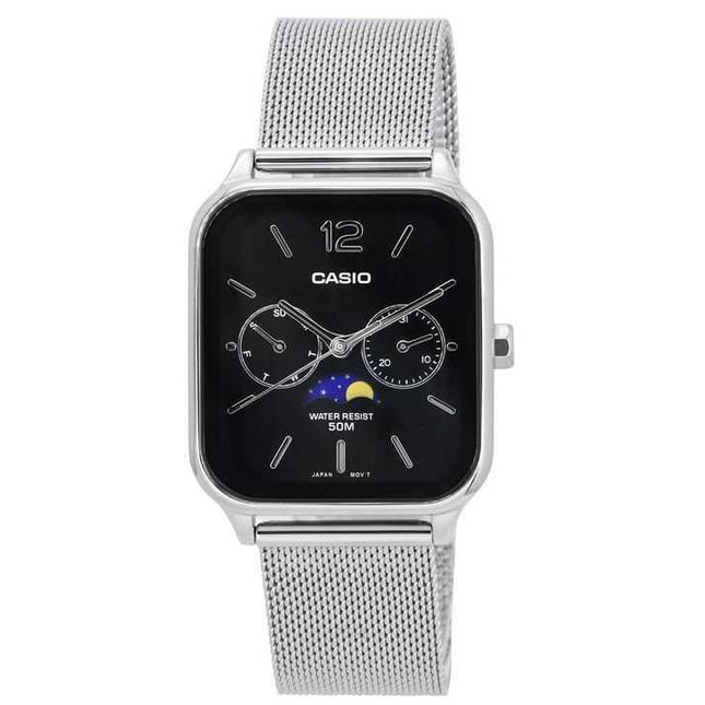 Casio Standard Analog Moon Phase Mesh Strap Black Dial Quartz MTP-M305M-1A Men's Watch