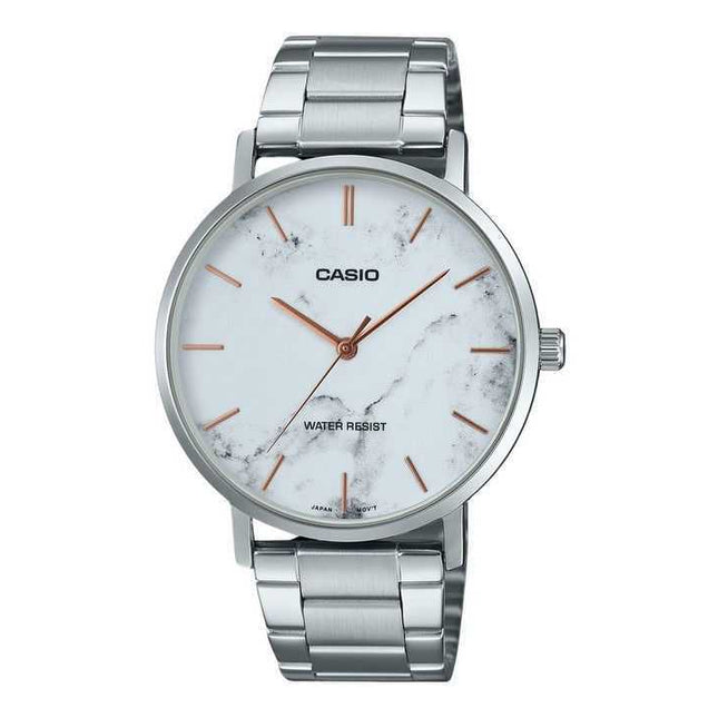 Casio Standard Analog Stainless Steel Marble Inspired White Dial Quartz MTP-VT01DM-7A Men's Watch