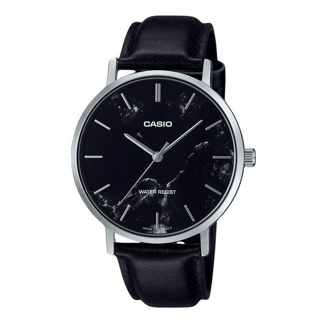 Casio Standard Analog Black Leather Strap Marble Inspired Black Dial Quartz MTP-VT01LM-1A Men's Watch