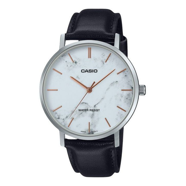 Casio Standard Analog Black Leather Strap Marble Inspired White Dial Quartz MTP-VT01LM-7A Men's Watch