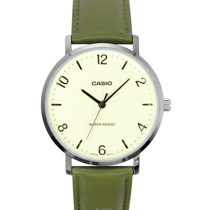 Casio Standard Analog Green Leather Strap White Dial Quartz MTP-VT03L-7B Men's Watch