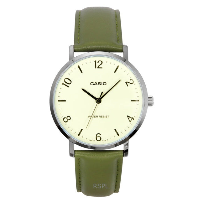 Casio Standard Analog Green Leather Strap White Dial Quartz MTP-VT03L-7B Men's Watch