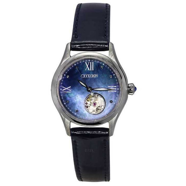 Citizen Luna Leather Strap Blue Mother of Pearl Open Heart Dial Automatic PR1041-18N Womens Watch