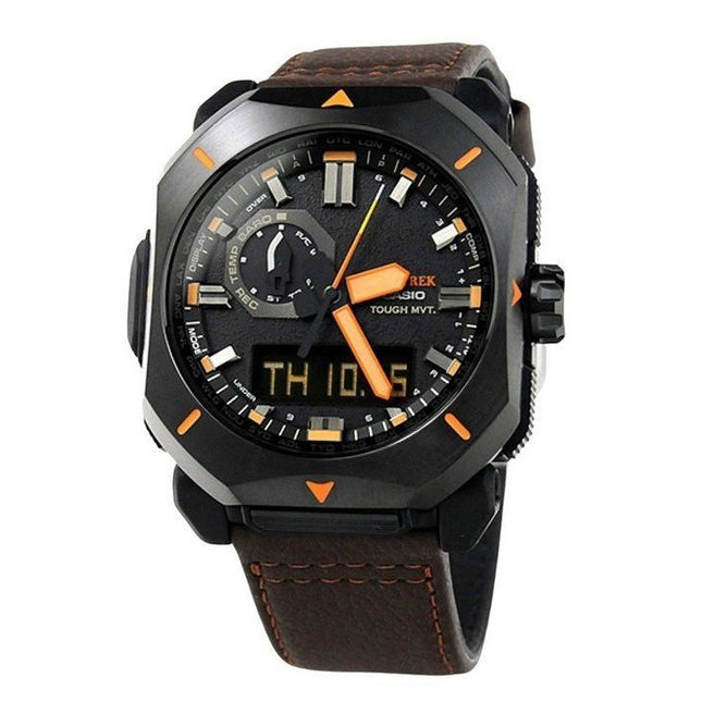 Casio ProTrek Analog Digital Brown Leather Strap Grey Dial Tough Solar PRW-6900YL-5 100M Men's Watch