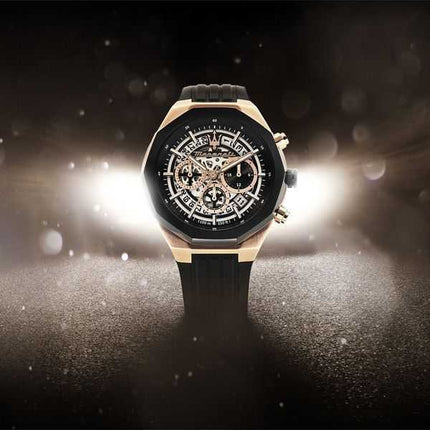 Maserati Stile Chronograph Rubber Strap Black Skeleton Dial Quartz R8871642003 100M Men's Watch