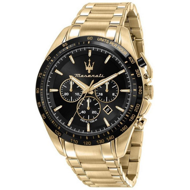 Maserati Traguardo Chronograph Gold Tone Stainless Steel Black Dial Quartz R8873612041 100M Men's Watch