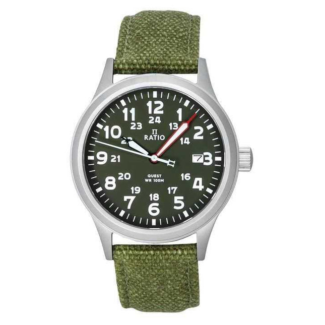 Ratio Quest Men's Field Watch Sapphire Canvas Strap Khaki Green Dial Quartz RTQ029 100M Lewis And Clark Edition