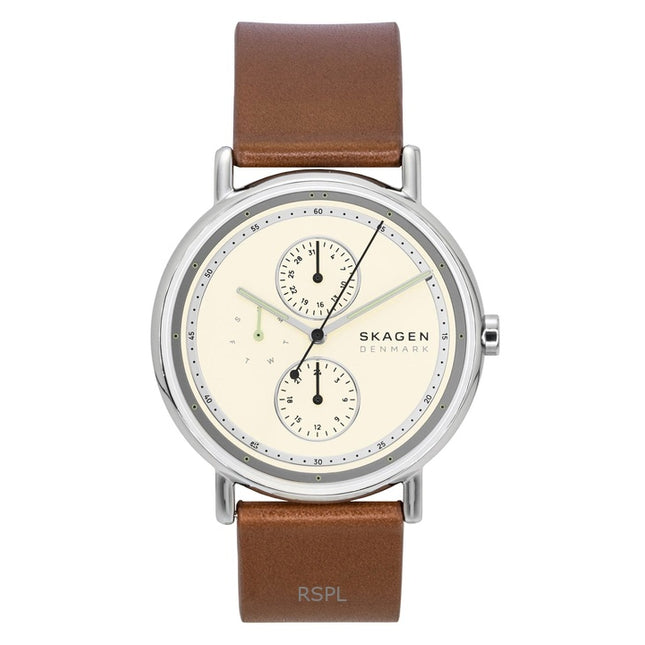 Skagen Signatur Leather Strap Multifunction Cream Dial Quartz SKW6942 Men's Watch