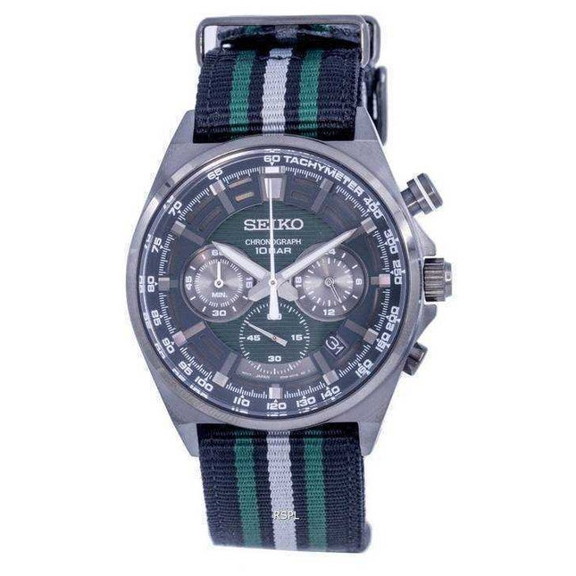 Seiko Chronograph Nylon Green Dial Quartz SSB411 SSB411P1 SSB411P 100M Mens Watch
